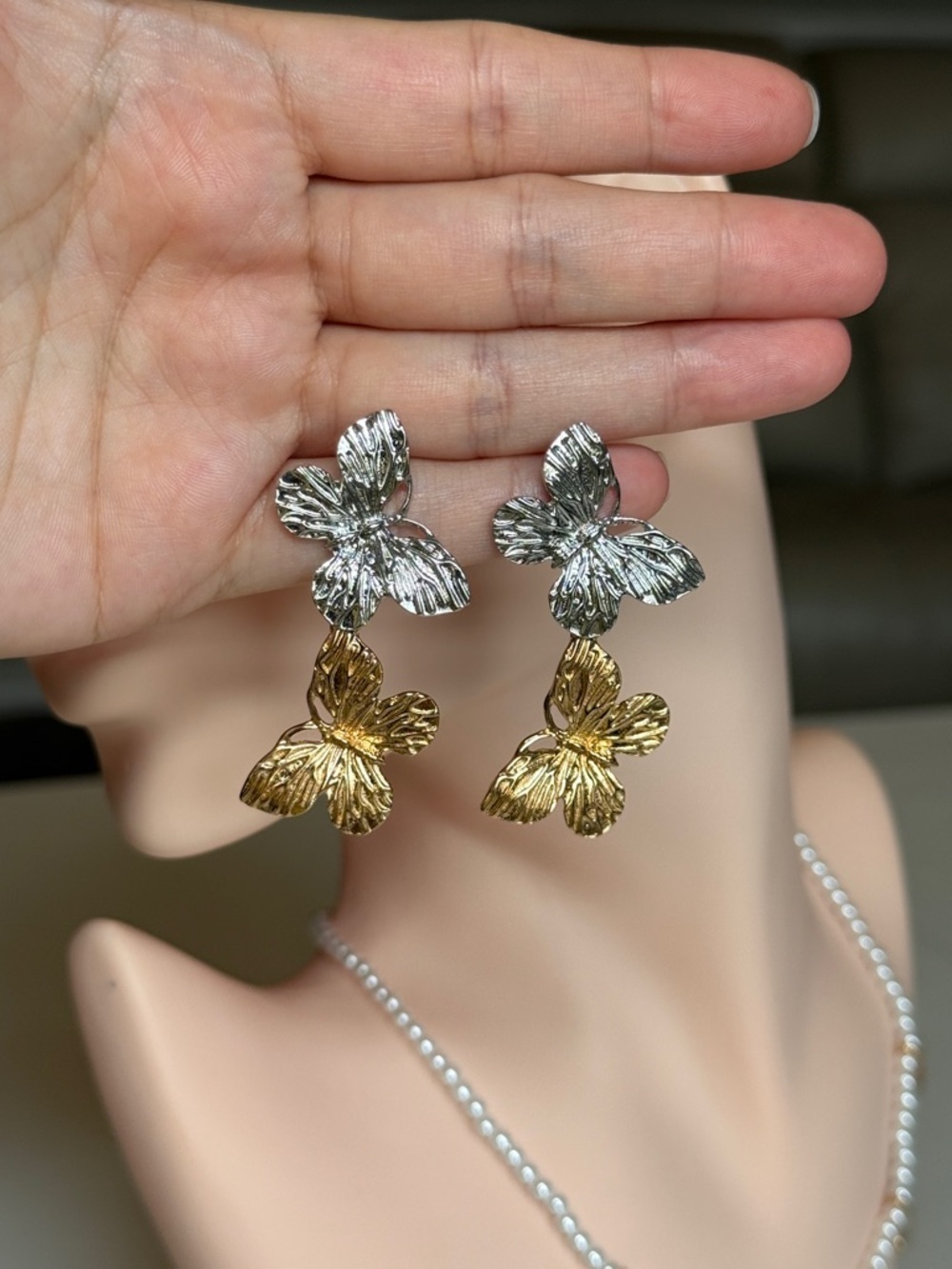 Silver and Gold Butterfly Statement Drop Earrings - Picture 9 of 9